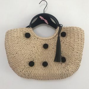 Paper Straw Pom-pom Vegan Bag Light Tan Black